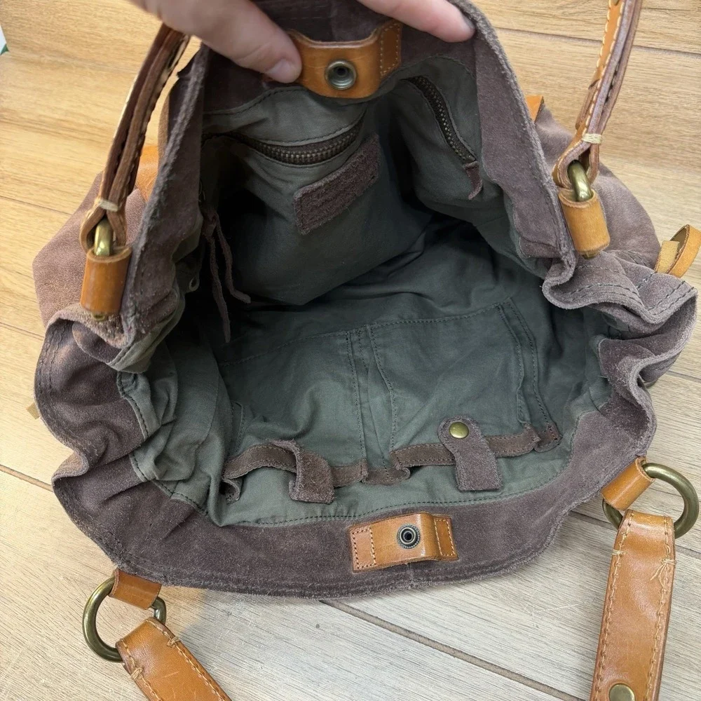 LUCKY BRAND Large Tote Brown Suede Leather Boho Hobo Hippie Drawstring Handbag